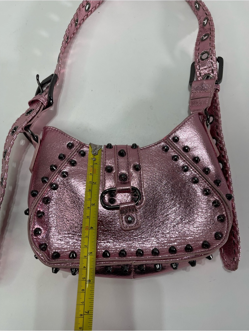 Y2K Style Urban Outfitters Shoulder Bag Metallic Pink Studded Buckle Purse - Picture 3 of 9